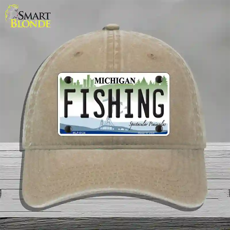 Fishing Michigan Novelty License Plate Hat Unconstructed Cotton / Khaki