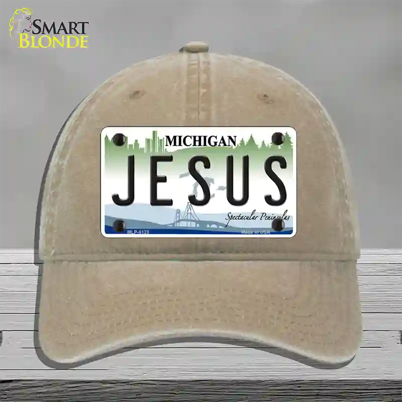 Jesus Michigan Novelty License Plate Hat Unconstructed Cotton / Khaki