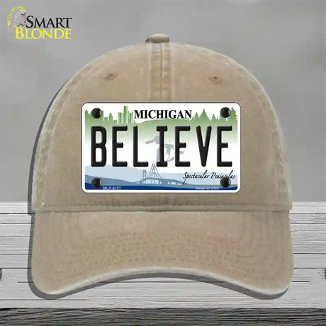 Believe Michigan Novelty License Plate Hat Unconstructed Cotton / Khaki