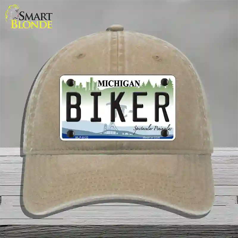 Biker Michigan Novelty License Plate Hat Unconstructed Cotton / Khaki