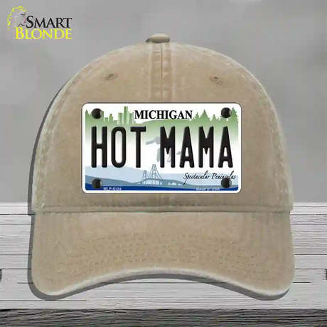 Hot Mama Michigan Novelty License Plate Hat Unconstructed Cotton / Khaki