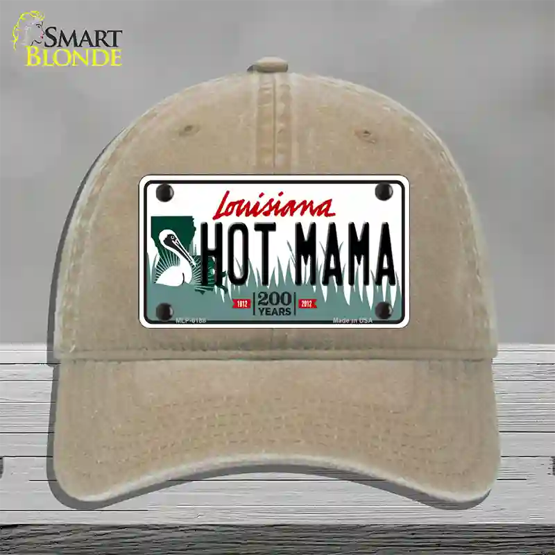 Hot Mama Louisiana Novelty License Plate Hat Unconstructed Cotton / Khaki