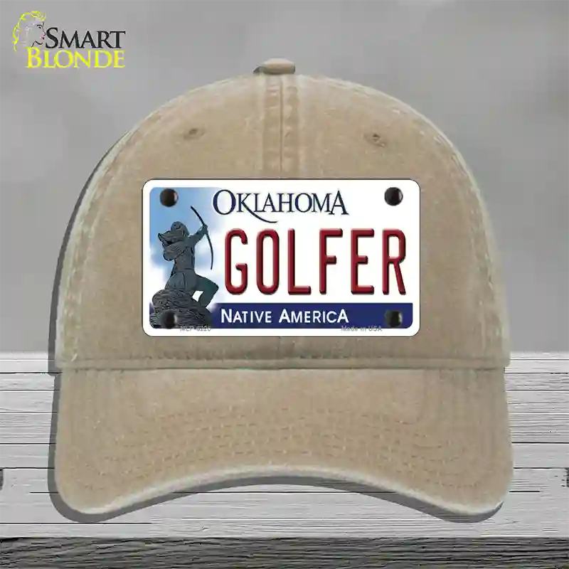 Golfer Oklahoma Novelty License Plate Hat Unconstructed Cotton / Khaki