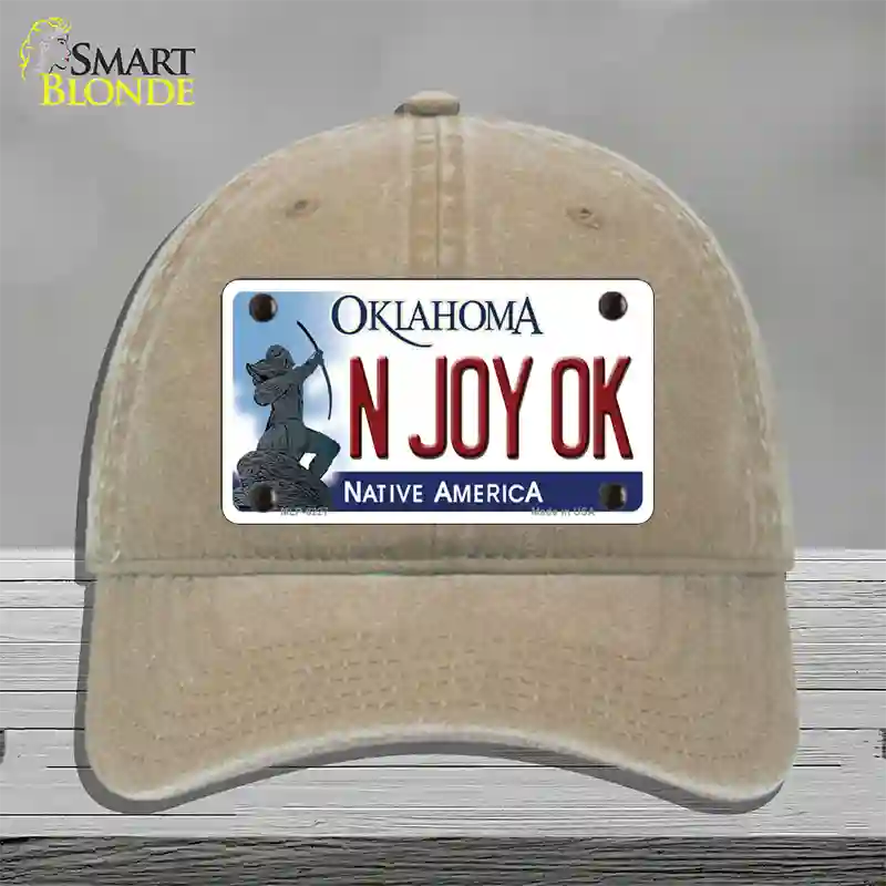 N Joy Ok Oklahoma Novelty License Plate Hat Unconstructed Cotton / Khaki