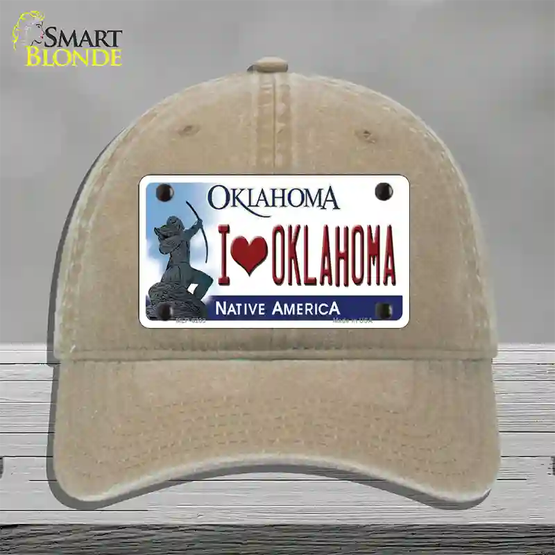 I Love Oklahoma Novelty License Plate Hat Unconstructed Cotton / Khaki