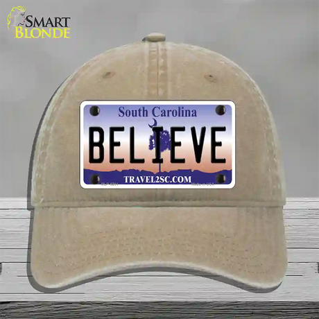 Believe South Carolina Novelty License Plate Hat Unconstructed Cotton / Khaki