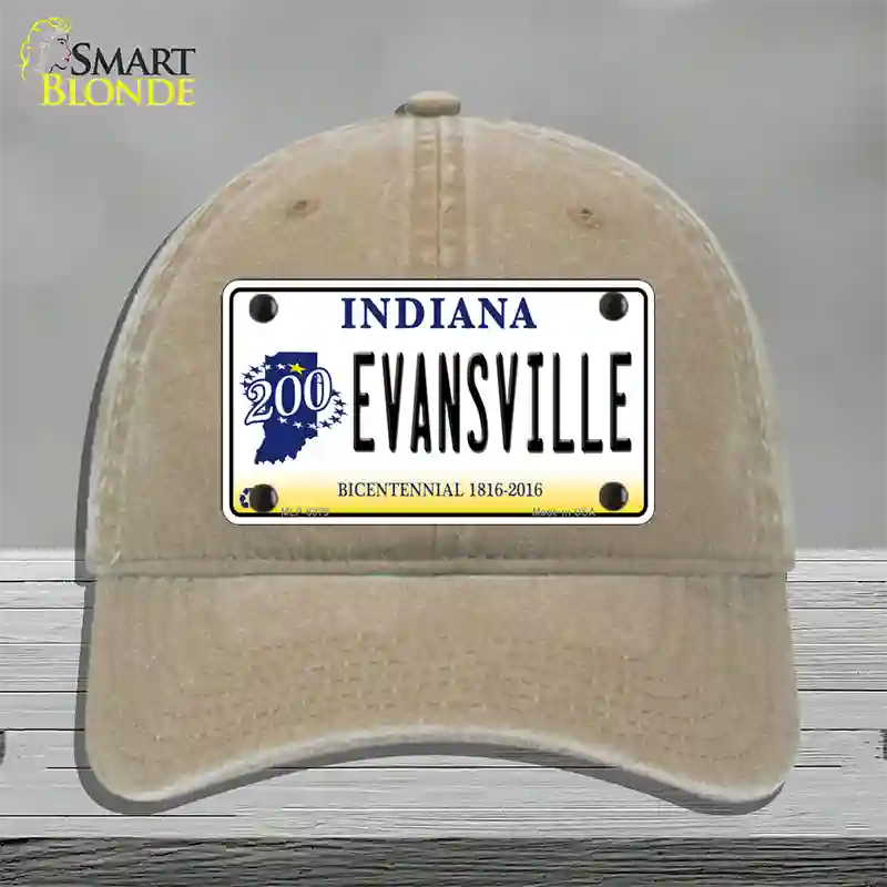 Evansville Indiana Novelty License Plate Hat Unconstructed Cotton / Khaki