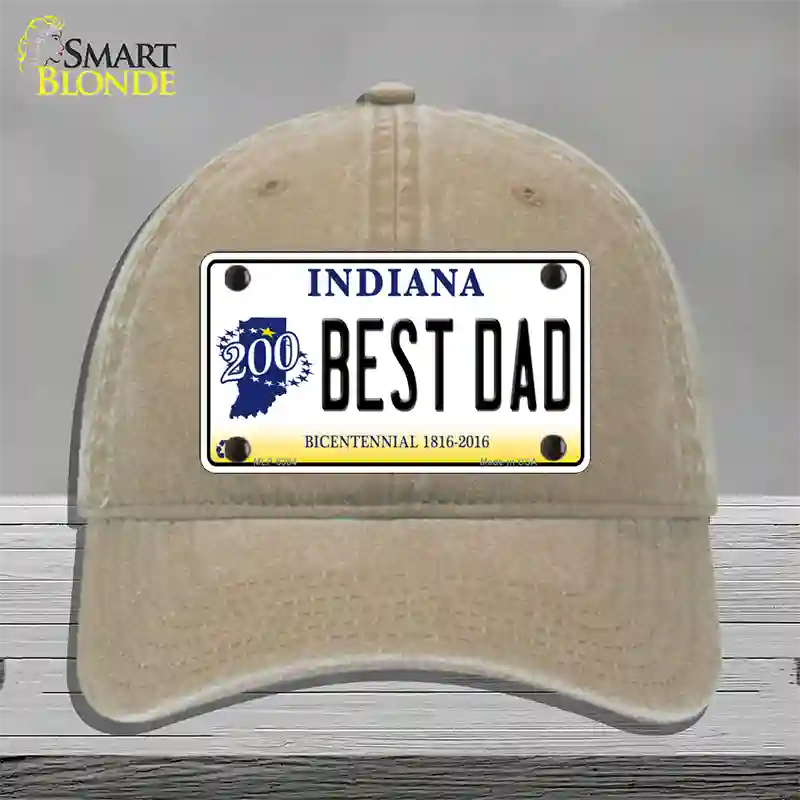 Best Dad Indiana Bicentennial Novelty License Plate Hat Unconstructed Cotton / Khaki