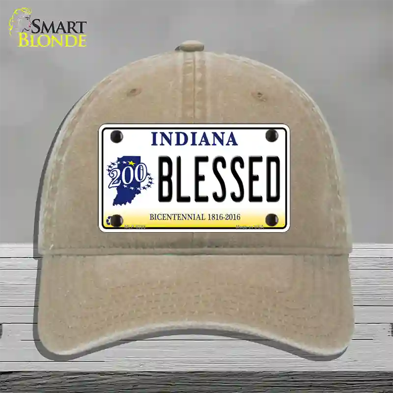 Blessed Indiana Novelty License Plate Hat Unconstructed Cotton / Khaki