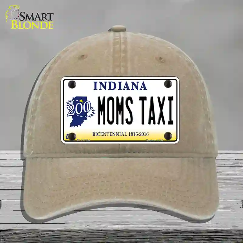 Moms Taxi Indiana Novelty License Plate Hat Unconstructed Cotton / Khaki