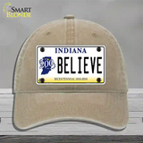 Believe Indiana Novelty License Plate Hat Unconstructed Cotton / Khaki