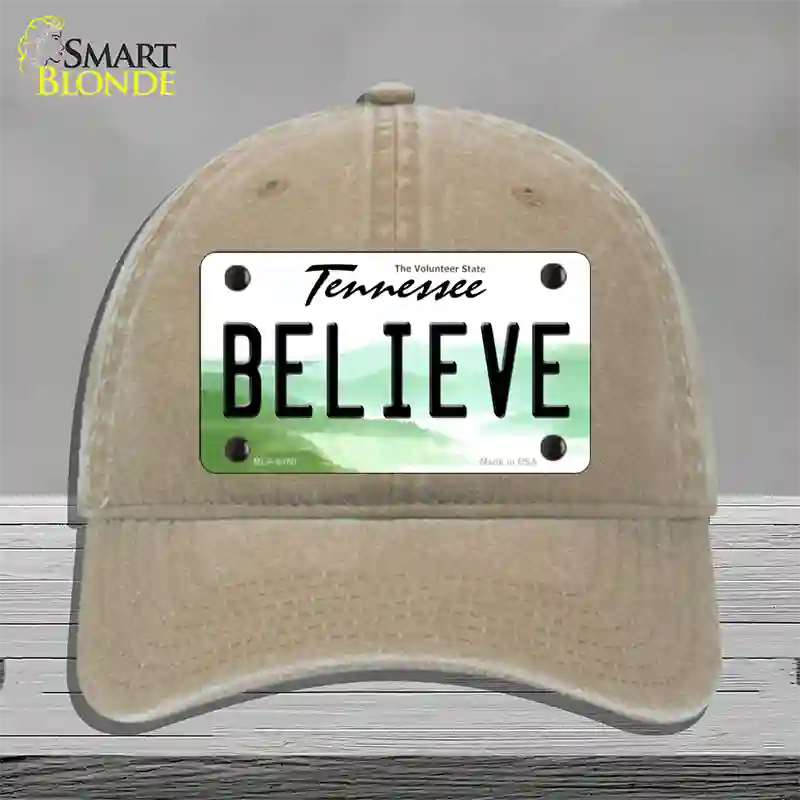 Believe Tennessee Novelty License Plate Hat Unconstructed Cotton / Khaki