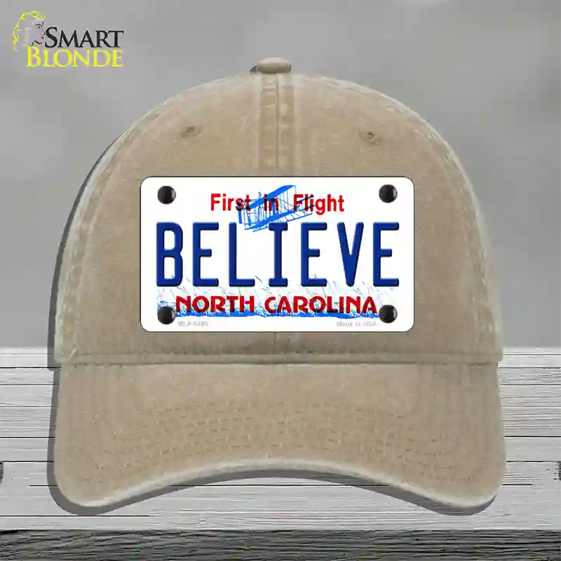 Believe North Carolina Novelty License Plate Hat Unconstructed Cotton / Khaki