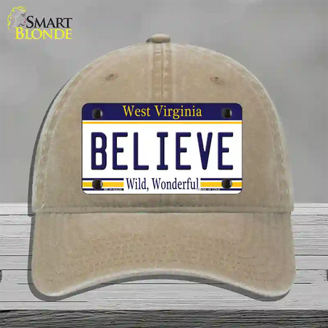 Believe West Virginia Novelty License Plate Hat Unconstructed Cotton / Khaki