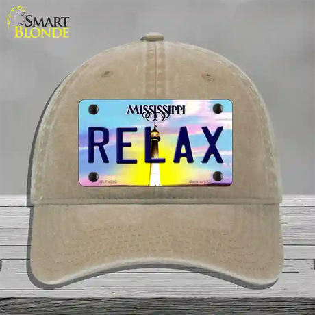 Relax Mississippi Novelty License Plate Hat Unconstructed Cotton / Khaki