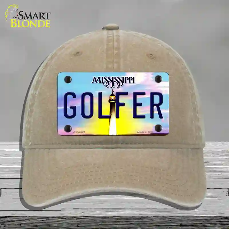 Golfer Mississippi Novelty License Plate Hat Unconstructed Cotton / Khaki