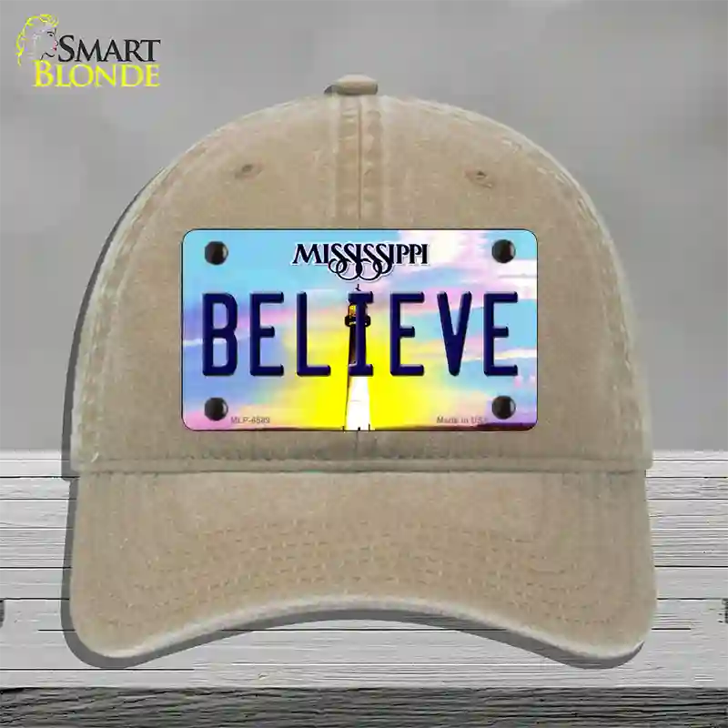 Believe Mississippi Novelty License Plate Hat Unconstructed Cotton / Khaki