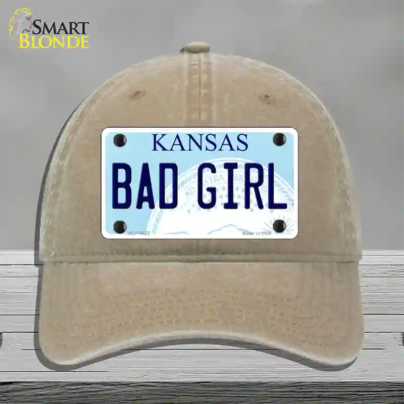 Bad Girl Kansas Novelty License Plate Hat Unconstructed Cotton / Khaki