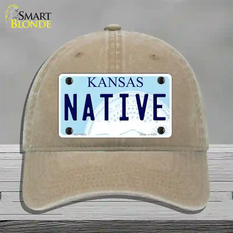 Native Kansas Novelty License Plate Hat Unconstructed Cotton / Khaki