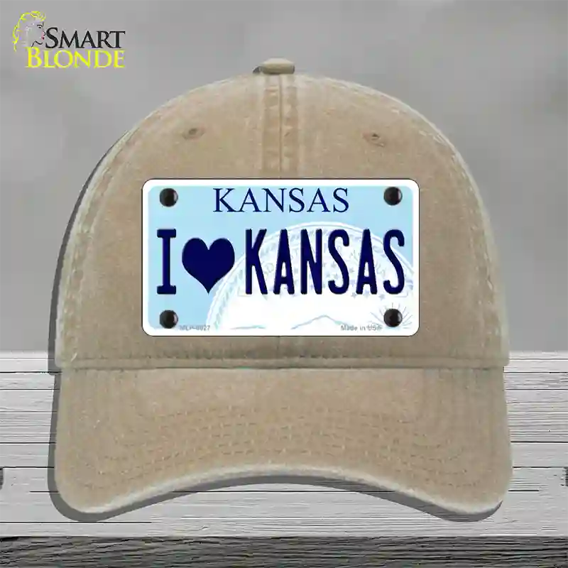 I Love Kansas Novelty License Plate Hat Unconstructed Cotton / Khaki