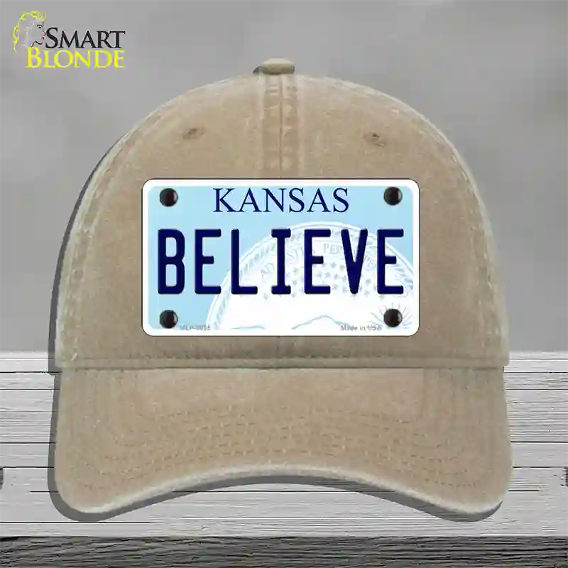 Believe Kansas Novelty License Plate Hat Unconstructed Cotton / Khaki