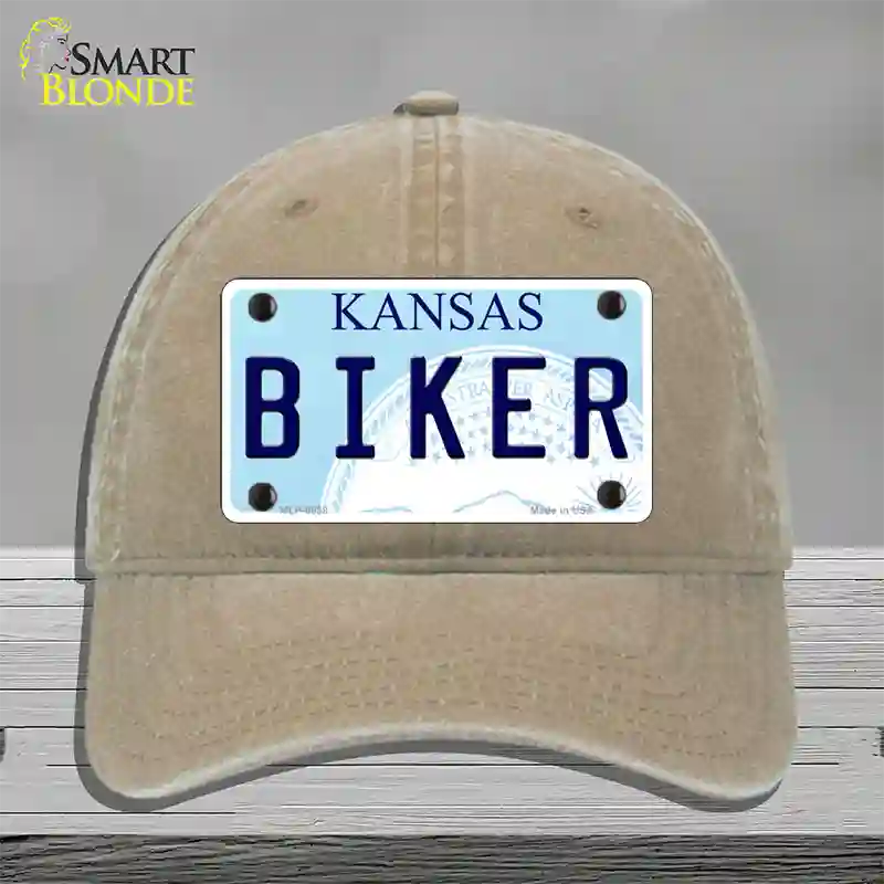 Biker Kansas Novelty License Plate Hat Unconstructed Cotton / Khaki