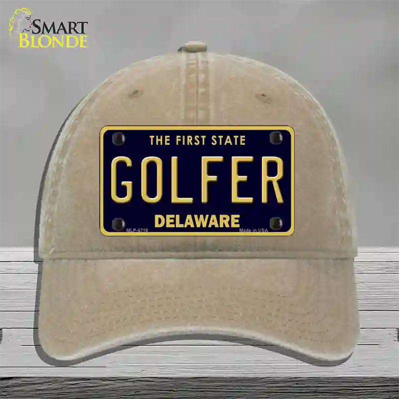 Golfer Delaware Novelty License Plate Hat Unconstructed Cotton / Khaki