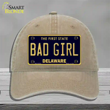 Bad Girl Delaware Novelty License Plate Hat Unconstructed Cotton / Khaki