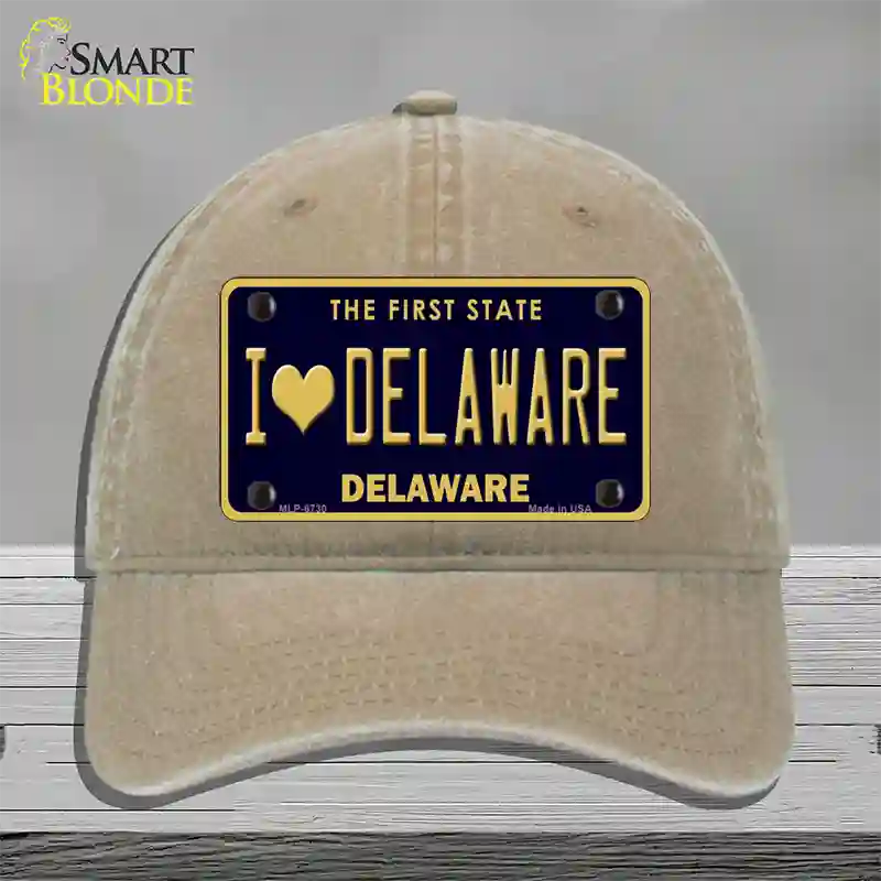 I Love Delaware Novelty License Plate Hat Unconstructed Cotton / Khaki