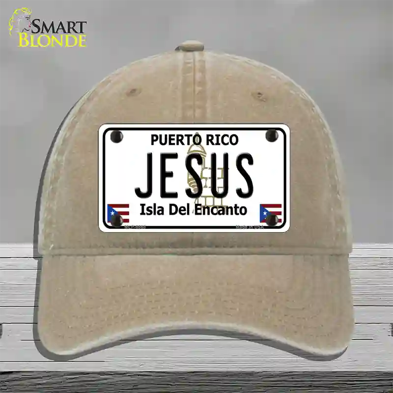 Jesus Puerto Rico Novelty License Plate Hat Unconstructed Cotton / Khaki