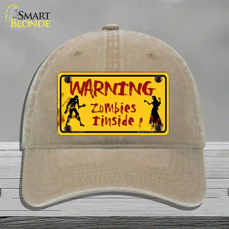 Warning Zombies Inside Novelty License Plate Hat Unconstructed Cotton / Khaki