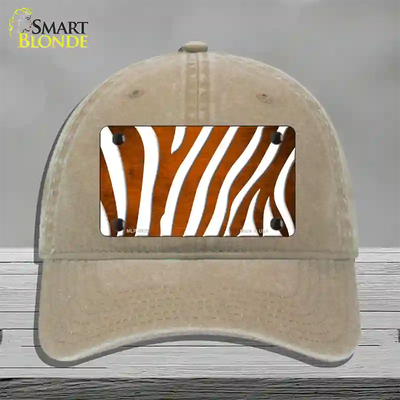 Orange White Zebra Oil Rubbed Novelty License Plate Hat Unconstructed Cotton / Khaki