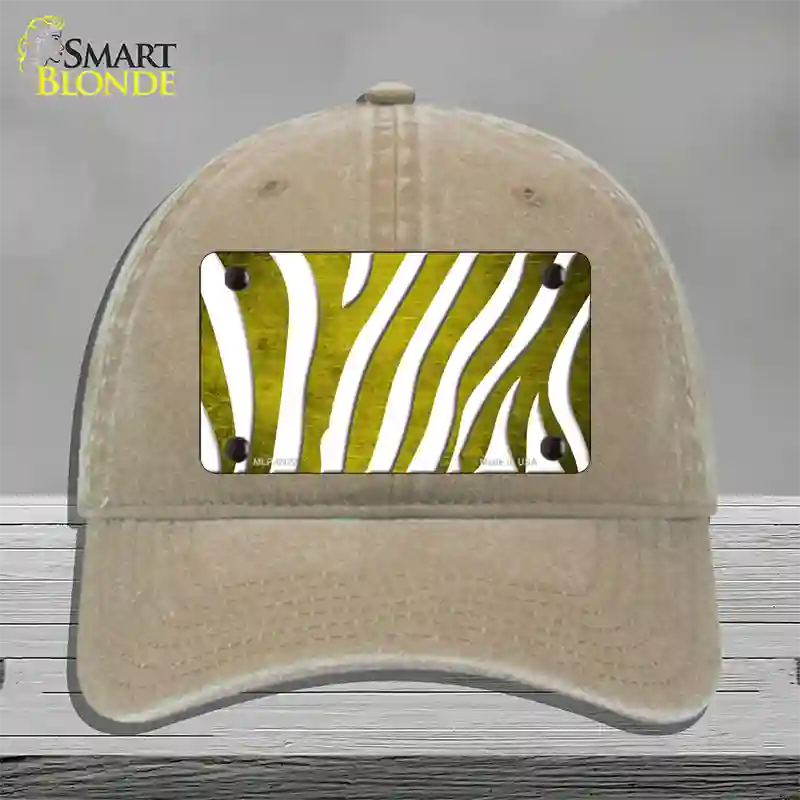 Yellow White Zebra Oil Rubbed Novelty License Plate Hat Unconstructed Cotton / Khaki