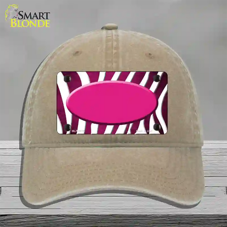 Pink White Zebra Oval Oil Rubbed Novelty License Plate Hat Unconstructed Cotton / Khaki