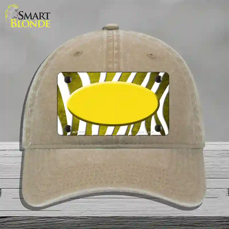 Yellow White Zebra Oval Oil Rubbed Novelty License Plate Hat Unconstructed Cotton / Khaki