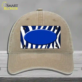 Blue White Zebra Oval Oil Rubbed Novelty License Plate Hat Unconstructed Cotton / Khaki