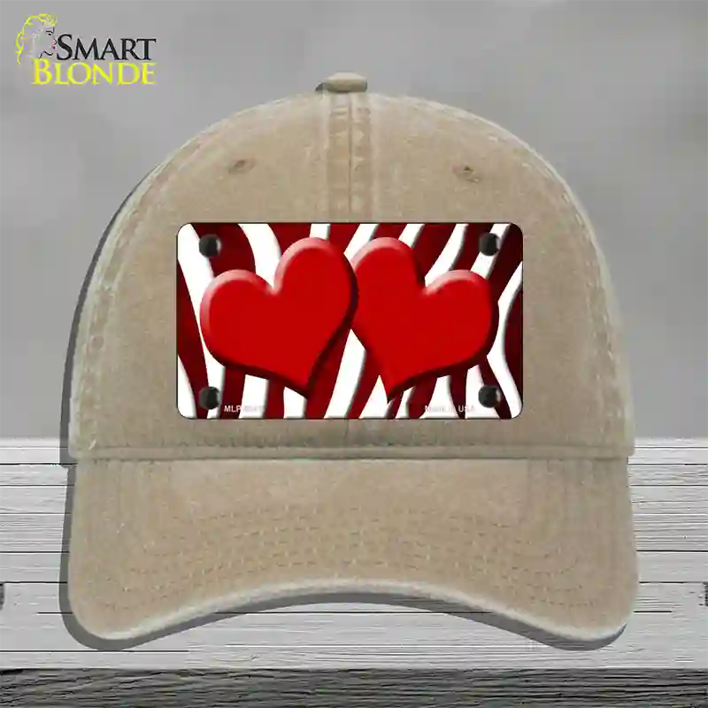 Red White Zebra Hearts Oil Rubbed Novelty License Plate Hat Unconstructed Cotton / Khaki