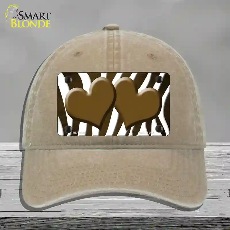 Brown White Zebra Hearts Oil Rubbed Novelty License Plate Hat Unconstructed Cotton / Khaki