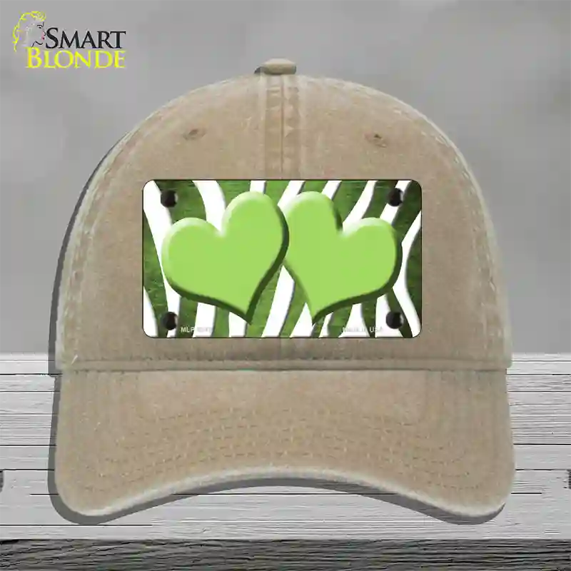 Lime Green White Zebra Hearts Oil Rubbed Novelty License Plate Hat Unconstructed Cotton / Khaki