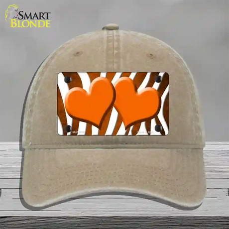 Orange White Zebra Hearts Oil Rubbed Novelty License Plate Hat Unconstructed Cotton / Khaki