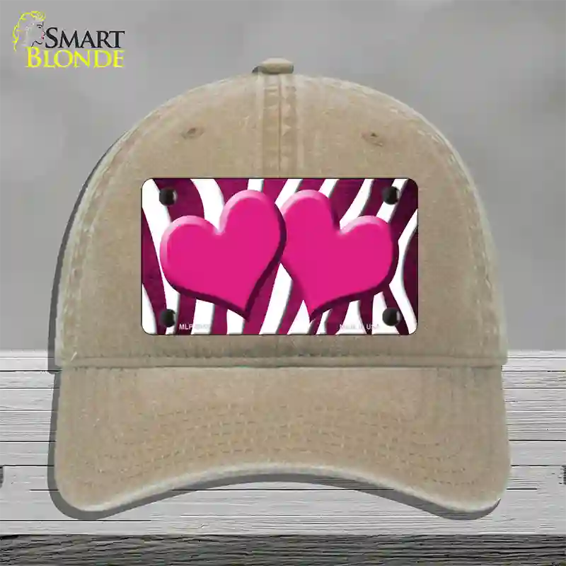 Pink White Zebra Hearts Oil Rubbed Novelty License Plate Hat Unconstructed Cotton / Khaki