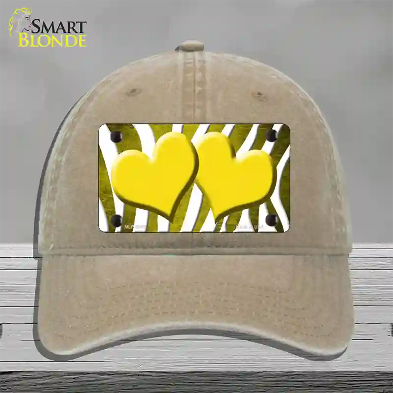 Yellow White Zebra Hearts Oil Rubbed Novelty License Plate Hat Unconstructed Cotton / Khaki