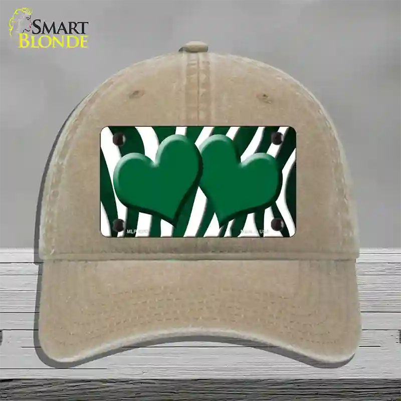 Green White Zebra Hearts Oil Rubbed Novelty License Plate Hat Unconstructed Cotton / Khaki