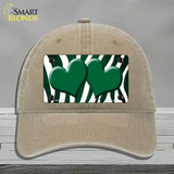 Green White Zebra Hearts Oil Rubbed Novelty License Plate Hat Unconstructed Cotton / Khaki