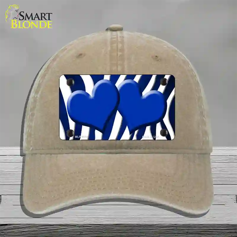 Blue White Zebra Hearts Oil Rubbed Novelty License Plate Hat Unconstructed Cotton / Khaki