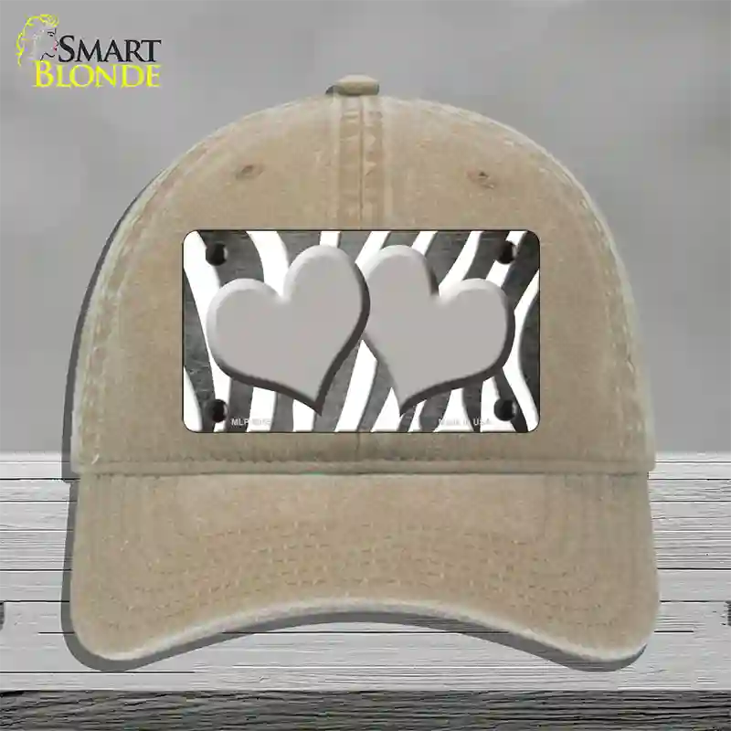 Gray White Zebra Hearts Oil Rubbed Novelty License Plate Hat Unconstructed Cotton / Khaki