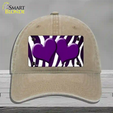 Purple White Zebra Hearts Oil Rubbed Novelty License Plate Hat Unconstructed Cotton / Khaki