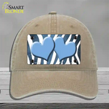 Light Blue White Zebra Hearts Oil Rubbed Novelty License Plate Hat Unconstructed Cotton / Khaki