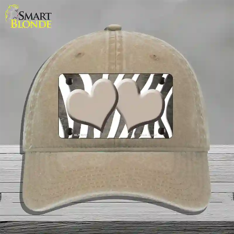 Tan White Zebra Hearts Oil Rubbed Novelty License Plate Hat Unconstructed Cotton / Khaki