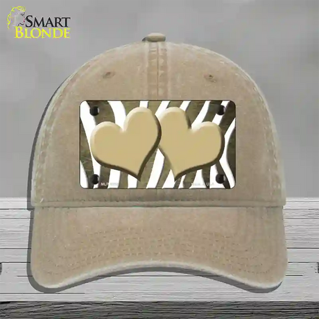 Gold White Zebra Hearts Oil Rubbed Novelty License Plate Hat Unconstructed Cotton / Khaki